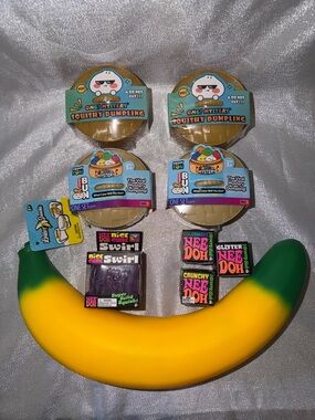 4 Squishy Dumplings (4"), 1 of each NeeDoh Nice Cube Swirl, NeeDoh Ball & Banana